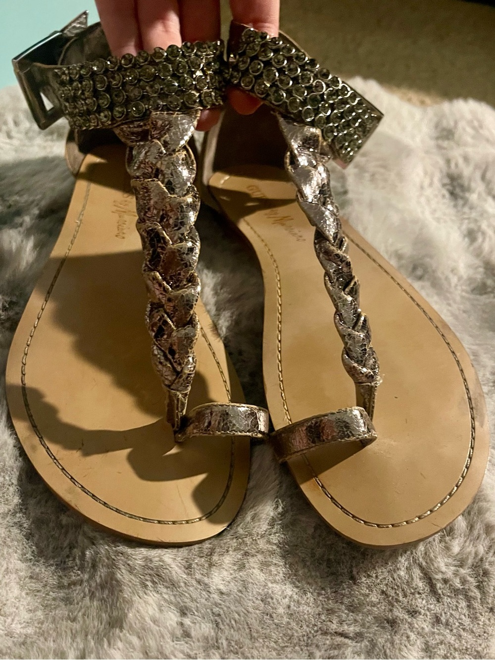 Guess by Marciano Silver Braided T-Strap Sandals with Rhinestone Ankle